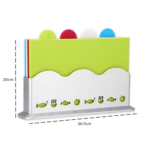 AMERTEER Cutting Boards for Kitchen | Extra Thick 4-Piece Color-Coded Plastic Cutting Board Set with Stand, Dishwasher Safe and Non-Slip Gripped Handle for Safe Food Preparation