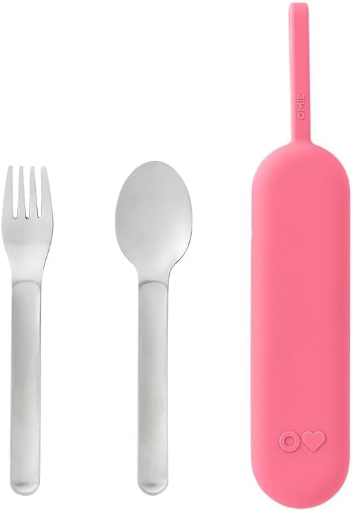 OmieBox Travel Utensil Set Fork and Spoon with Case for Easy Travel Stainless Steel Fork and Spoon (Blue) - Pink