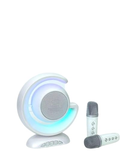REBENUO YS -110 New Portable Speaker Small TWS Bass Speaker With Double Wireless Microphone Dazzling Lights Moon shaped ornaments. White