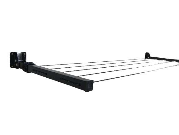 GLITZ® Clothes Drying Stand Space Saving Foldable 4 Wire Metal Wall Mount, Collapsible Rack Powder Coated Rust Proof Four Tier With Free Clothesline (Black)