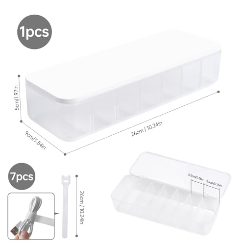 Cable Organizer Storage Box with 7 Wire Ties, Desktop Cable Management Box with Lid, Power Cord Organizer with 7 Compartments for Office, Home, Desk Accessories Storage Stationery Supplies White