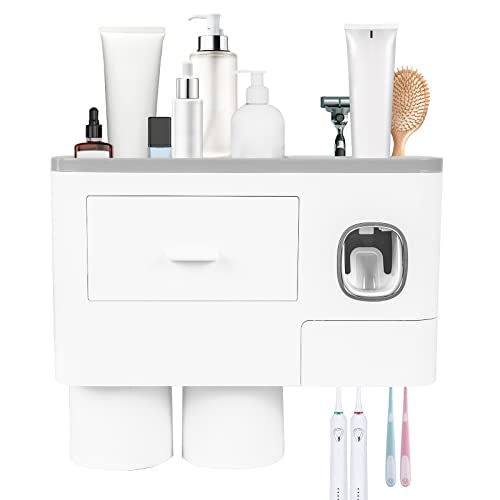 SKY-TOUCH 2 Cups Wall Mounted Toothbrush Holder, Multifunctional Space-Saving Toothbrush and Toothpaste Holder with Drawer for Cosmetics Organizer for Washroom and Bathroom