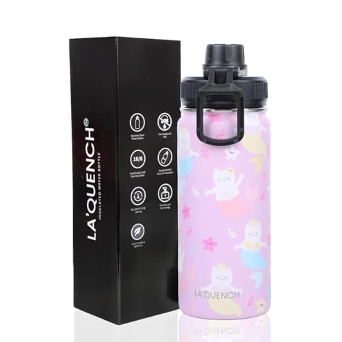 LA'QUENCH™ 18/8 Stainless Steel Water Bottle for Kids 415ml / 14oz Leakproof Double Wall Insulated Thermos Flask (Kitten Mermaid Pink)