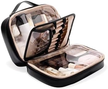 EACHY Travel Makeup Bag,Large Capacity Cosmetic Bags for Women,Waterproof Portable Pouch Open Flat Toiletry Bag Make up Organizer with Divider and Handle