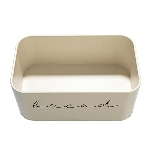 Bloomingville Metal Bin with Bamboo Lid, Cream Bread Box, 11.75" L x 5.25" W x 7" H, Beige