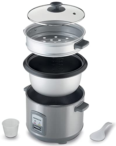 KENWOOD 2-in-1 Rice Cooker 2.8L 16-Cups Rice with Food Steamer Basket, Non-Stick Cooking Pot, Temepered Glass Lid, Warm/Cook Lights, Spatula Holder, Detachable Cord RCM71.000SS Silver