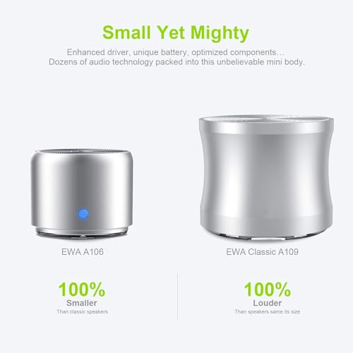 Travel Case Packed, Wireless Mini Bluetooth Speaker with Custom Bass Radiator. EWA A106, Small But Loud, The Next Generation of Portable Speakers for Home, Outdoors, Shower (Silver)1.89 * 1.57 inches