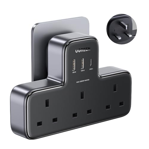 UGREEN 6-in-1 Power Strip Surge Protector Extension Plug Multiple 3 AC Outlet Sockets, USB C Fast Charger 3 USB Ports, Triple UK Plug Extender Type C Charging Station for Kitchen, Home Office