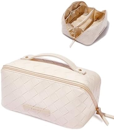 EACHY Travel Makeup Bag,Large Capacity Cosmetic Bags for Women,Waterproof Portable Pouch Open Flat Toiletry Bag Make up Organizer with Divider and Handle