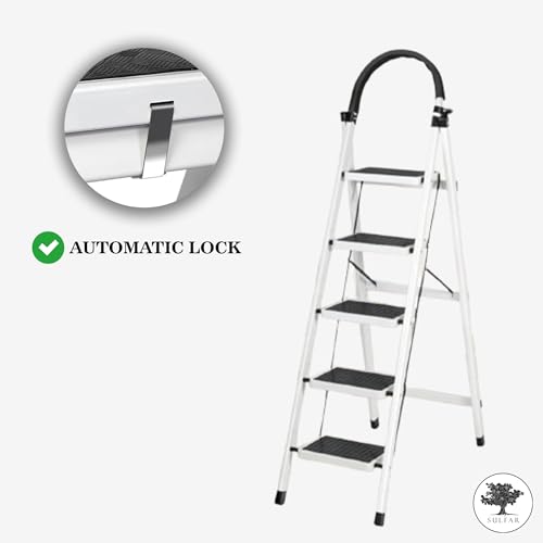 Sulfar Foldable Ladder 5 Steps, Home Ladder Folding Step Stool with Wide Anti-Slip Pedal, Adults Folding Sturdy Steel Ladder for Home, Kitchen, Garden, Office