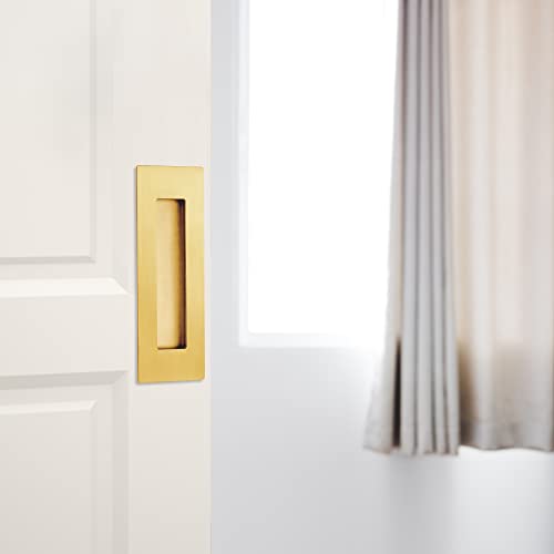 Malimali 6 Inch Recessed Finger Flush Pulls for Pocket Door Closet Door, Sliding Barn Door Handle, Brushed Gold Stainless Steel Rectangular Door Pulls Hardware(2 Pack)