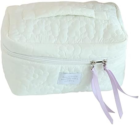 Juoxeepy Cotton Makeup Bag Large Travel Cosmetic Bag Quilted Cosmetic Pouch Coquette Aesthetic Floral Toiletry Bag, A-White, 10x5.9x5.3in