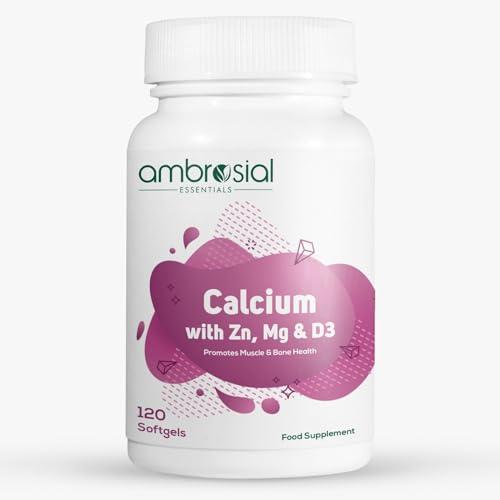 Ambrosial Calcium Magnesium Zinc & Vitamin D3 | High Potency calcium supplement for Healthy Bones, Muscles & Teeth | Highly Bioavailable Calcium citrate formula | Pack of 1-120 Softgels