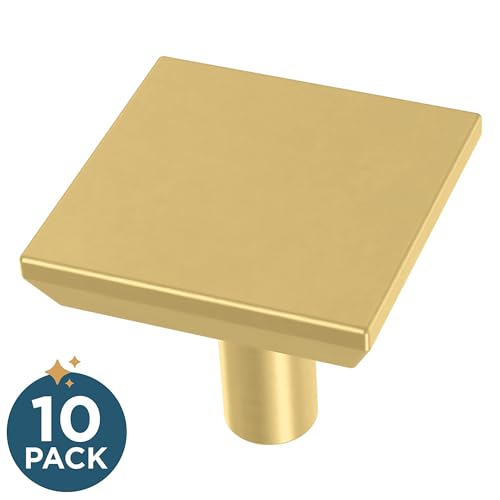 Franklin Brass Simple Chamfered Square Cabinet Knob, Brushed Brass, 1.12 in (29 mm) Drawer Knob, 10 Pack, P40847K-117-C