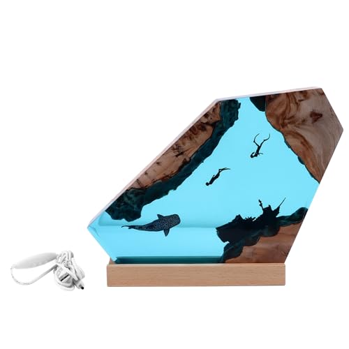 gernie Resin Diver and Humpback Whale LED Night Light, Large Handcrafted Wood Lamp for Home Decor, Desk Ornament
