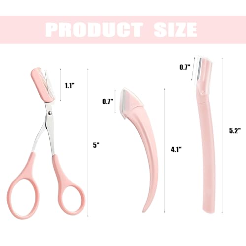 Juformin Eyebrow Trimmer Set, 3 Pcs Eyebrow Lamination Kit,Eyebrow Scissors with Comb& Curved Eyebrow Razor&Straight Eyebrow Razor,Convenient Beauty Tools for Men Women(Pink)