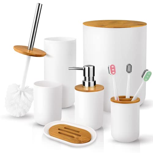 Mimelon® 6-pcs Bathroom Accessory Set, | Bamboo Black Bathroom Set Includes Toothbrush Cup & Holder, Soap Dispenser, Soap Dish, Durable Toilet Brush with Holder - Modern Trash Can (WHITE)