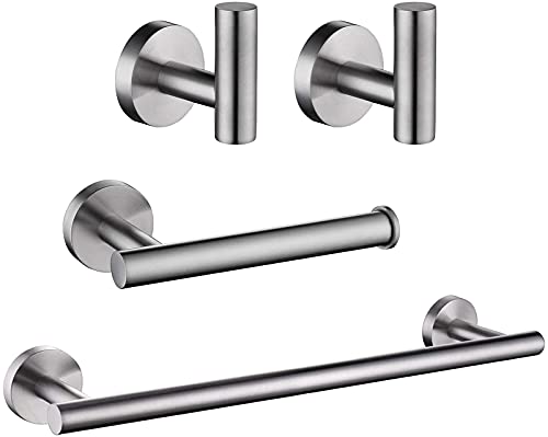 UUHOME Bathroom Hardware Set, Matte Black Bathroom Accessories Set, 304 Stainless Steel Towel Bar Set Wall Mounted Include 16" Bathroom Towel Rack, Toilet Paper Holder and 2 Robe Hooks(4pcs) (Silver)