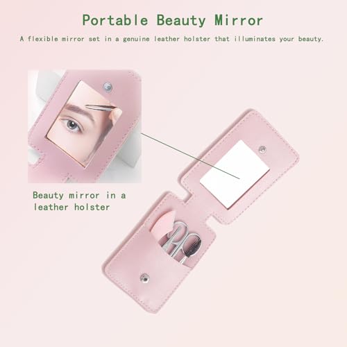 Eyebrow 5PCS Trimmer Kit - Set with Eyebrow Scissors, Eyebrow Razor, Tweezer, Brush, and Mirror, Includes Leather Carry-Around Bag - Women's Grooming Tools for Eyebrows - Pink