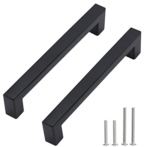 Redunest Cabinet Pulls Matte Black Cabinet Handles Square Drawer Pulls, 10 Pack 5 Inch Stainless Steel Kitchen Door Cupboard Cabinet Handles, Drawer Hardware Handles, 128mm Hole Centers