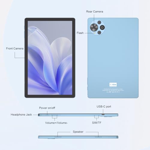 C idea 10.5 inch Tablet,8GB픰 Tablet PC with Android 14,Dual SIM,5G LTE 1280x2000 2KHD Touch Screen,Long Lasting Battery Tablet,CM10500 Plus (Blue)
