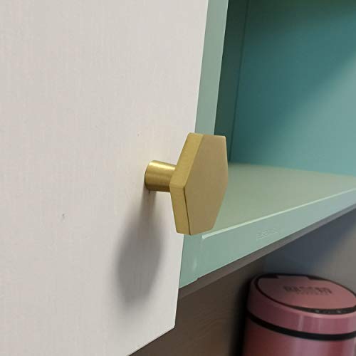 Tokatuker 6-Pack 30mm(1.2") Solid Brass Knob Simple Chamfered Hexagon Kitchen or Furniture Cabinet Hardware Drawer Handle Knob, Brushed Brass (1.2" Hexagon)