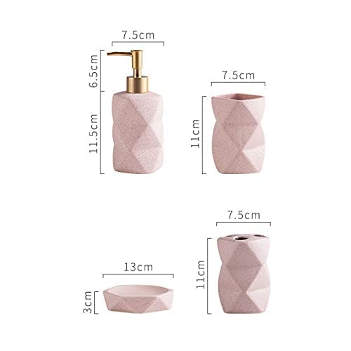 4 Pieces Bathroom Accessories Set Matte Ceramic Diamond Pattern Bath Ensemble Bath Set Collection Soap Dispenser Pump -Toothbrush Holder - Tumbler - Soap Dish (Pink), (Without the Tray)