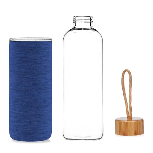MAX-EMA Glass Water Bottle 1 Liter With Bamboo Lid And Neoprene Sleeve Reusable Glass Bottle For Hot And Cold Drinks, Juice, Tea, Milk, Smoothies And For Home, Gym And Travel (Blue)