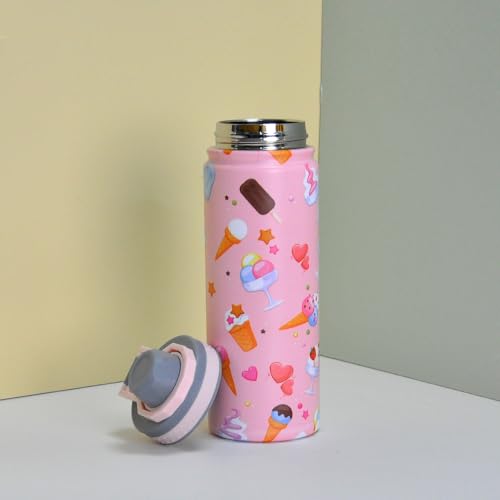 Water Bottle for Kids 500ML Water Bottle for Kids School Stainless Steel Water Bottle, BPA-Free Leakproof and Durable Hot Cold Liquids Sports School Bottle (Ice Cream Pink)
