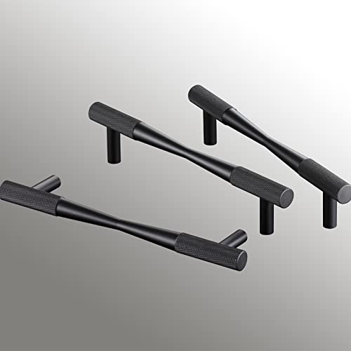 CILEYTION 10 Pack Flat Black Drawer Pulls , 5 Inch Hole Centers Black Knurled Cabinet Handles, Solid T Bar Black Handles for Cabinets and Drawers