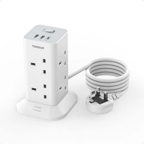 TESSAN Tower Extension Lead with USB C Slots, 8 Way Multi Plug Extension Sockets 2M Cord, Surge Protected Extension Lead with Switch, Multi Extension Plug Tower Power Strip for Home, School Supplies