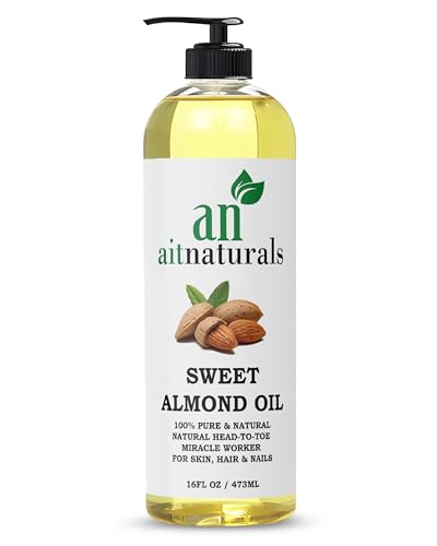 Aitnaturals Organic Sweet Almond Oil - 473ml | 100% Pure, Cold-Pressed | Ideal for Hair Growth, Nails, Glowing Skin and Face | Vitamin E Carrier Oil for Moisturizing, Facial Polish and Body Massages