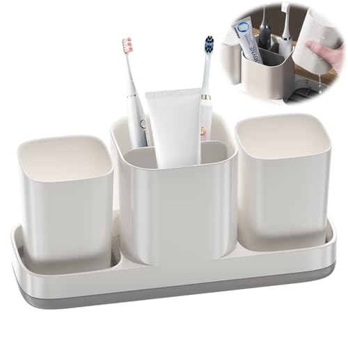 Azonee Toothbrush Holder for Bathroom, Bathroom Organizer Storage Set with 2 Cups, Kids Electric Toothbrush Holder, Bathroom Accessories Storage for Toothpaste Razor (White)
