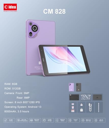 C idea 8" Smart Tablet CM828, Android 13 Kids Computer Tab with Wiresless Keyboard and Protective Cover, Single SIM 5G LTE Wifi, Zoom & Tiktok Supported (Black)