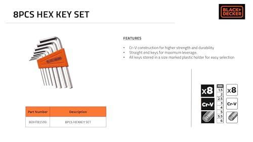 Black & Decker 8 Pieces 1.5-6Mm Steel Hexkey Set, Orange/Black - Bdht81593