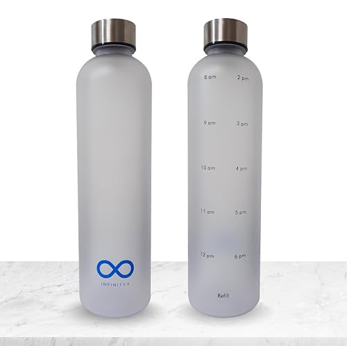 INFINITY 8 Water Bottle, 1L/32 OZ, Leak Proof Water Bottle, BPA free, Non-Toxic Plastic, Motivational Time Stamps, Water Bottle (White)