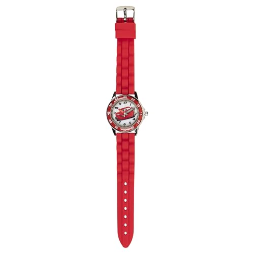 ACCUTIME Cars Kids' Analogue Watch with Silver-Tone Casing, Red Bezel, Red Strap - Official Cars Lightning McQueen Character on the Dial, Time-Teacher Watch, Safe for Children - Model: CZ1009