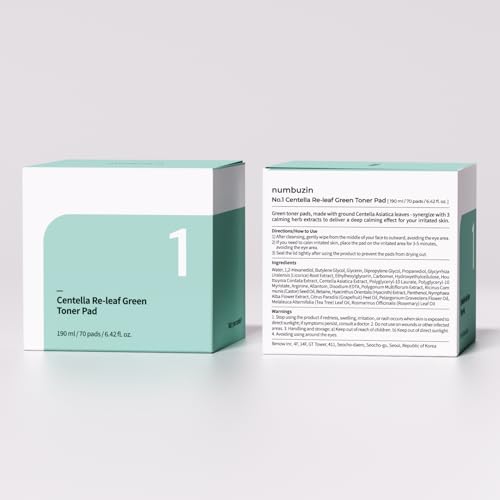 numbuzin No.1 Toner Pads | Centella Re-Leaf Green Toner Pad | Vegan Pad, Double-Sided, Herb Extracts, Calming | 70 Pads, 190ml