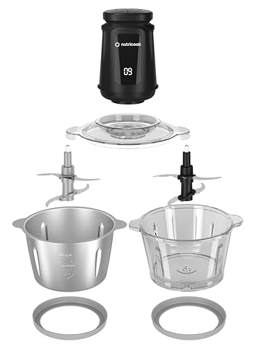 Nutricook 2+2 L XXXL Glass & SS Chopper and Mincer,500W - Pulse & 2 speeds, 2-Removable 4 SS -Blade for Chopping, Ice Crushing, Meat Mincing, Grinding, Pureeing & more - BLk, 2 Yr Warranty,NC-CH2000