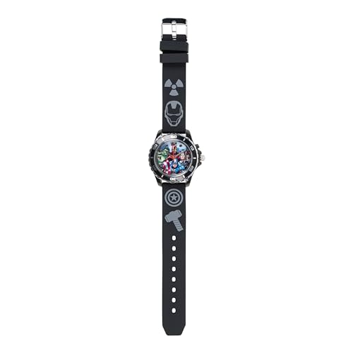 Marvel Avengers Adventure Analog Quartz Kids' Watch with Flashing LED Lights - Superhero Icons Band, Japanese Movement, Black