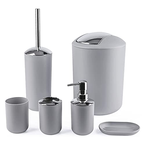 Arabest Bathroom Accessories Set, 6 Piece Plastic Bath Ensemble Bathroom Sets Accessories, Bathroom Decor Sets Accessories for Decorative Countertop and Housewarming Gift (Grey)