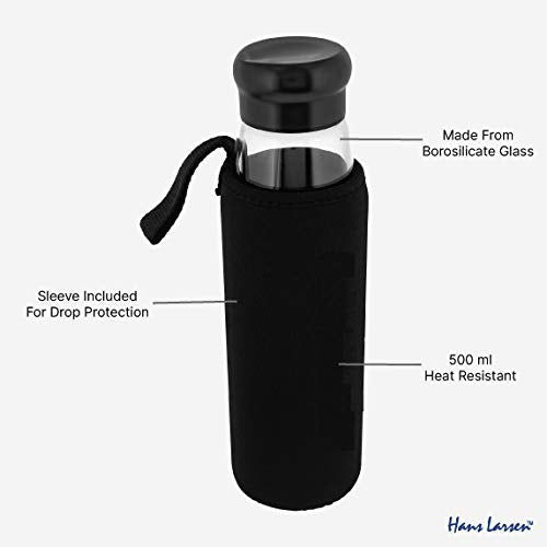 Hans Larsen Water bottle for kids, Glass water bottle with sleeve | Water bottle 500 mL, Hot water bottle with airtight Lids, water bottle bpa free, Glass water bottle for everyday use.