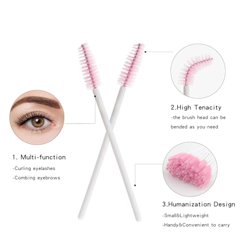 Mekupeu 300 Pcs Set Mascara Wands Disposable Eye Lash Brushes for Eyelash Extensions Makeup Applicator Tool Bulk, White/Pink