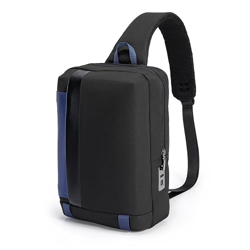 Porodo Lifestyle Cross Body Sling Bag with Fingerprint Lock & USB Charging Port 20W PD, Shoulder Backpack, Lightweight Body Chest Daypack Suitable up to 11 inches - Black/Blue