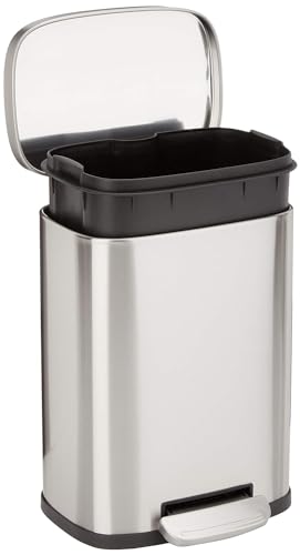 Amazon Basics Smudge Resistant Rectangular Trash Can With Soft-Close Foot Pedal, Brushed Stainless Steel, for Bathroom & small space, 5 L /1.32 Gal, Satin Nickel Finish, 7.3x8.5 x11.8 in (LxWxH)