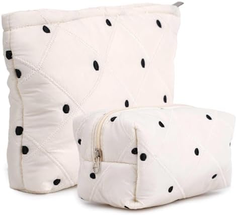 Quilted Cotton Makeup Pouch, Coquette Quilted Toiletry Bag for Women and Girls, Floral Coquette Organizer Bag, Aesthetic Travel Cosmetic Bags (White Shells Drawstring)