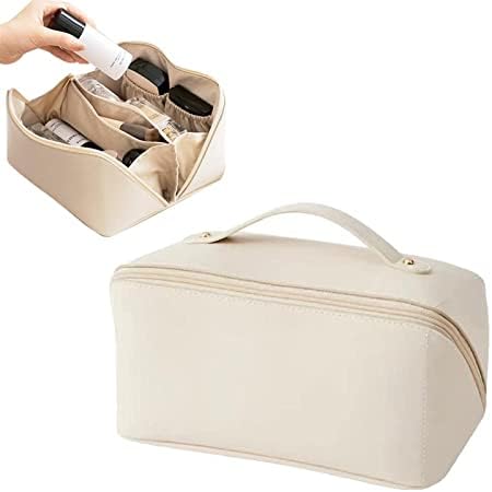 WBOOO Large Capacity Travel Cosmetic Bag, Multifunction Organizer Storage Bag, Makeup Bag with Handle and Dividers, Skincare Dispenser, Toiletry Bag for Women, 9.25x4.13x4.33 inch - Beige.