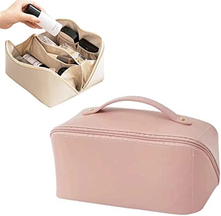 WBOOO Large Capacity Travel Cosmetic Bag, Multifunction Organizer Storage Bag, Leather Waterproof Bag, Makeup Bag with Handle and Dividers, Skincare Dispenser, Toiletry Bag for Women