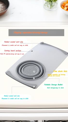 Chopping Board Set, Multi-Use Cutting Board & Strainer, Over-the-Sink or Tabletop, Includes Detachable Foldable Washing Basket Colander, Easy-Store Design for Space Efficiency