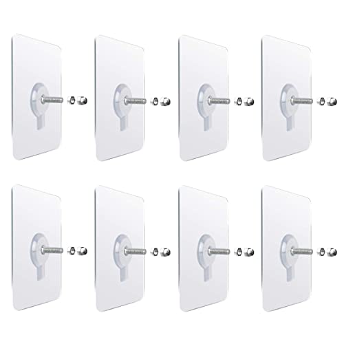 Rethan Adhesive Wall Hooks, 8pcs Heavy Duty Wall Hooks Self Adhesive Hook Strong Nail Transparent Screw Holder Self-Sticking Wall Hooks for Bathroom Kitchen Wall Hanging Ceiling, Screw Net Length 8mm